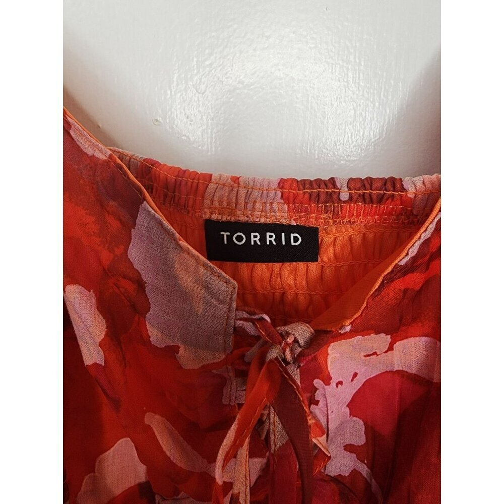 TORRID Floral Midi Dress Size 3X Smocked Lace Up Clip Dot Ruffled Empire Waist - Picture 3 of 6